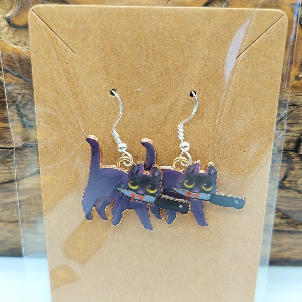 Naughty Cat Earrings Halloween Horror Purple Kitty